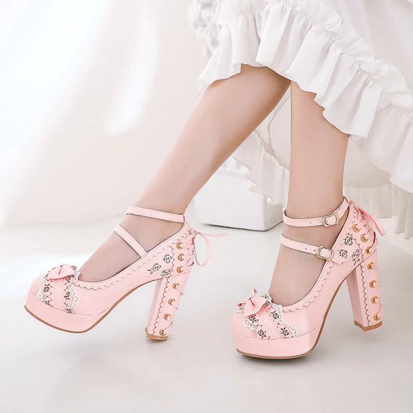 Pompe Spring Autumn Ladies Vintage Super Hight Platform Lolita Scarpe Lolita Cine Bow Lace Princess Mary Janes Party Women Pumps Pumpe