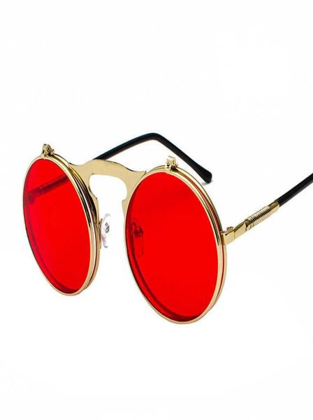 Homens retro steampunk círculo vintage redondo flip up óculos de sol feminino estilo punk óculos de sol armação de metal preto óculos de sol masculino uv408973616