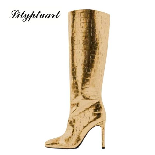 Ботинки бренд женские ботинки золотые серебряные ботинки толстая пятка голова мода сексуальная женская перевернутая сапоги крокодило