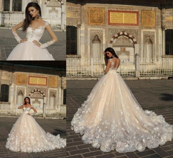 2020 Wunderschöne Designer-Brautkleider in Champagner mit weißen 3D-Blumen, Illusion, durchsichtige lange Ärmel, Hofschleppe, arabische Brautkleider8299851
