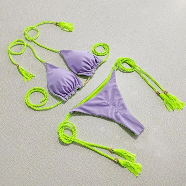 Damen-Bademode, Damen-Bikini-Set, hoch tailliert, stilvolle Sets mit Quasten, Schnür-Slips für Sommer, Strandmode, rückenfrei