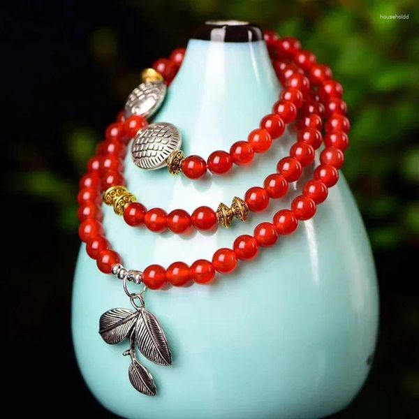 Strang Rot Kristall Armbänder 6mm Perlen Fisch Blatt Anhänger Glück Für Frauen Armband Multilayer Schmuck JoursNeige