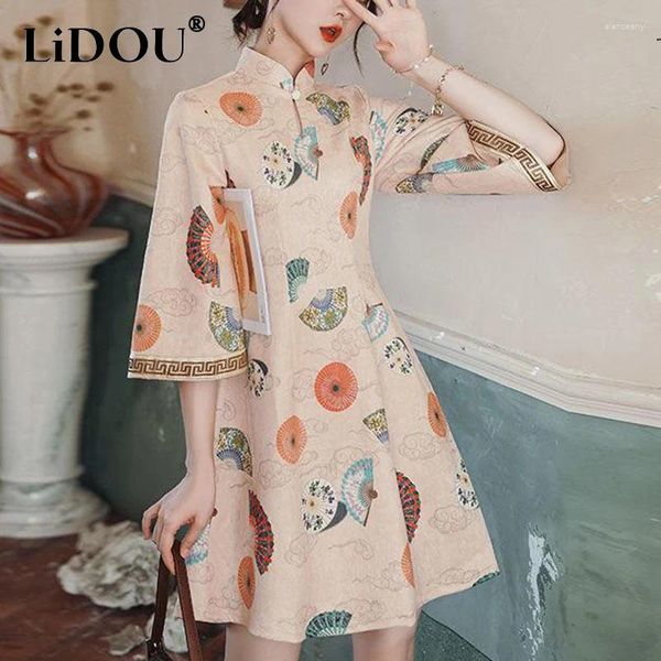 Casual Kleider Sommer Mode Vintage Chinesischen Stil Druck A-line Kleid Damen 3/4 Hülse Elegante Robe Frauen Stehen Kragen Vestidos