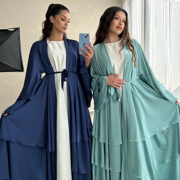 Roupas étnicas 2024 Ramadan Dubai Muçulmano Modest Cardigan Casaco Eid Árabe Aberto Abaya Vestido com Cinto Islâmico Turquia Manga Longa Kimono