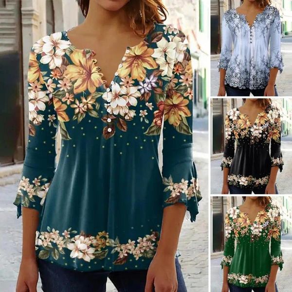 Blusas femininas blusa de impressão floral elegante com decote em v flor 3d com botões bainha solta primavera outono pulôver para 3/4