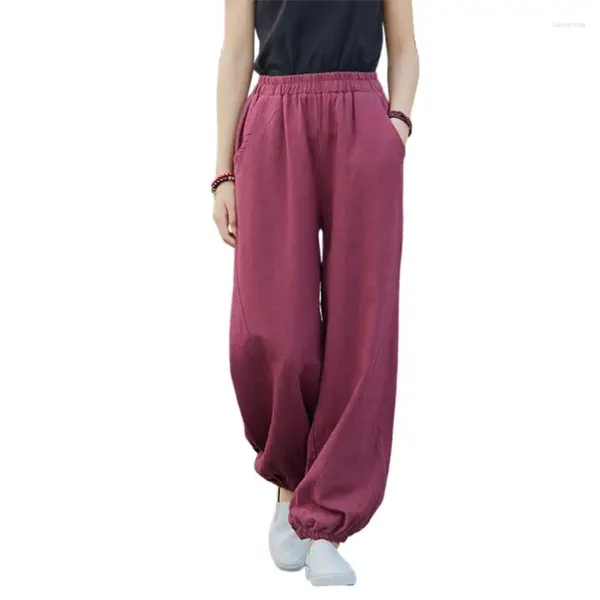 Pantaloni da donna Pantaloni in lino e cotone retrò Pantaloni larghi casual lunghi vintage femminili stile cinese a vita alta Kaki Nero Blu Vino Grigio