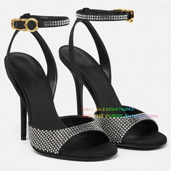 Sandalen aus schwarzem, mit Kristallen verziertem Leder, goldene Knöchelriemenschnalle, hoher Absatz für Damen, Stiletto-Absatz, Sommer-Partykleid-Schuhe