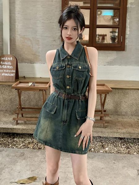 Vestidos casuais chique coreano sem mangas denim vestido mulheres verão turn-down colarinho mini jeans vestidos