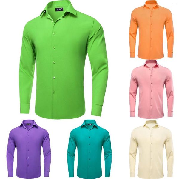 Camicie casual da uomo Cravatta verde brillante Camicia da uomo in seta a maniche lunghe slim alla moda con risvolto Camicia da sposa Rosa Viola Beige Blu Rosso Arancione Nero Grigio