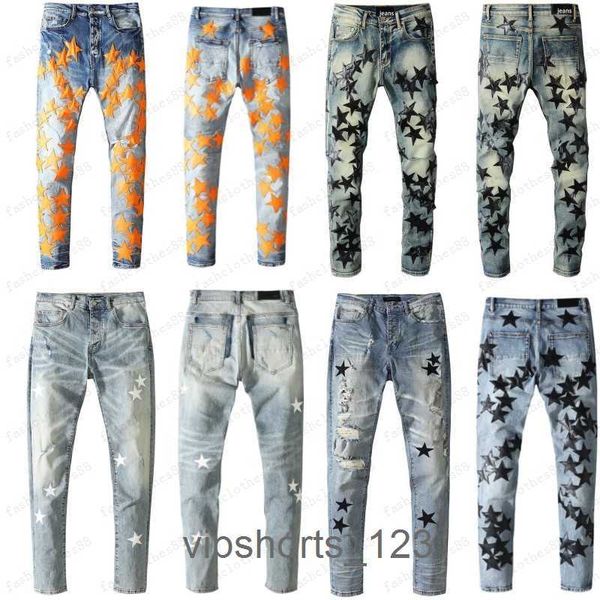 Herren-Jeans, zerrissen, schmal, dünn, Herrenhose, orangefarbener Patch, tragbare Jeans, dehnbar, Biker, trendig, lang, gerade, Hip-Hop, mit Löchern, blau, K50P, violette Jeans