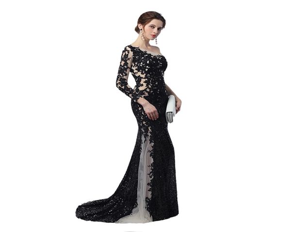 Design exclusivo pura ilusão sereia vestidos de noite 2019 nu preto lantejoulas apliques uma mangas compridas celebridade vestidos de baile5495380