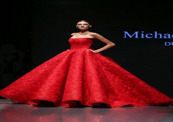 Michael Cinco Abiti da sera rossi Abiti in pizzo con applicazioni di perline Ruffles senza spalline Abiti da ballo Abiti da festa Custom Made Lunghezza del pavimentoFormal Dres5184217