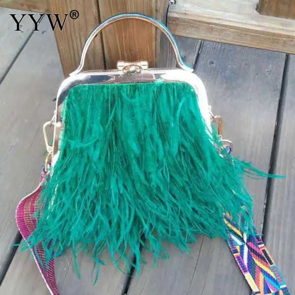 Yyw Luxury Real Strich Feather Borse Borse Clutch Blutch Bage Chic Design Design Borses Female Chain Occiglia Green 240315