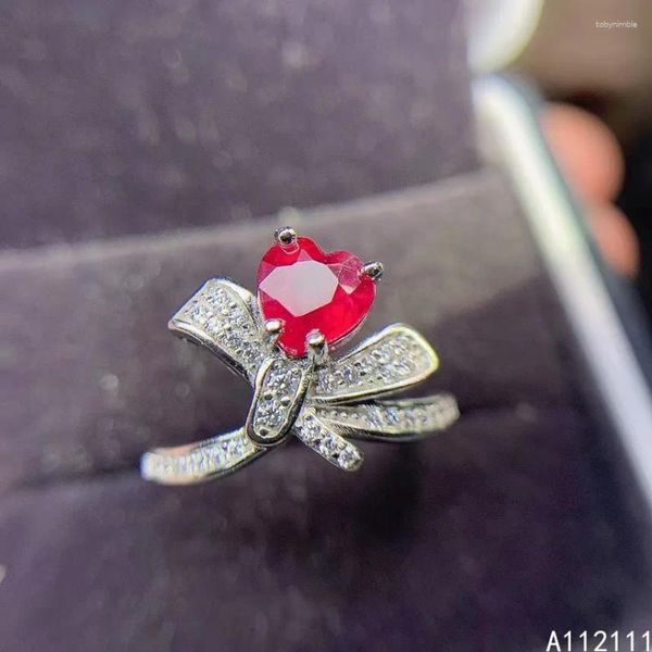 Anéis de cluster jóias finas 925 prata esterlina inset com pedra preciosa natural feminino clássico moda bowknot coração rubi anel ajustável