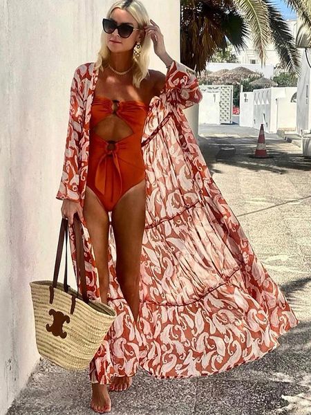 Mulheres Swimwear Sexy Férias Estilo Maiô Biquíni Laranja Vermelho Cintura Alta Oco Design Moda Long Cape Fio Verão Impressão 2024 Senhoras