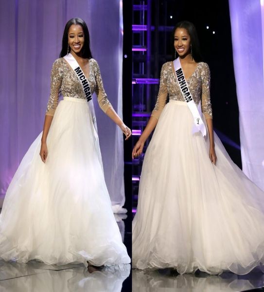 THE MISS TEEN USA 2019 Pageant Vestidos de celebridades Sexy V Neck 34 Apliques de manga comprida Puffy A Line Formal Evening Ocasião Dresse5132400