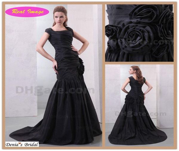 Klassische schwarze Abendkleider im Meerjungfrau-Stil mit plissiertem handgefertigtem 3D-Blumen-Abschlussballkleid HX66 dhyz 019660630