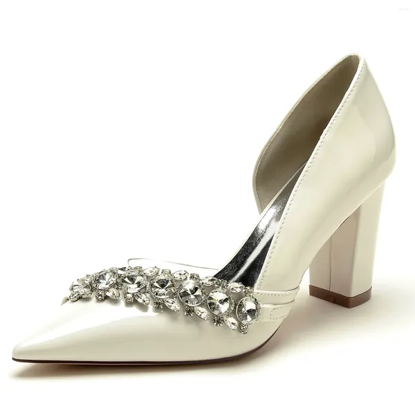 Sapatos de vestido Mulheres Bombas de Escritório Salto Grosso Apontou Cristais Diamante Laca Estilo Simples Elegante Versátil Sandálias Pretas Diárias