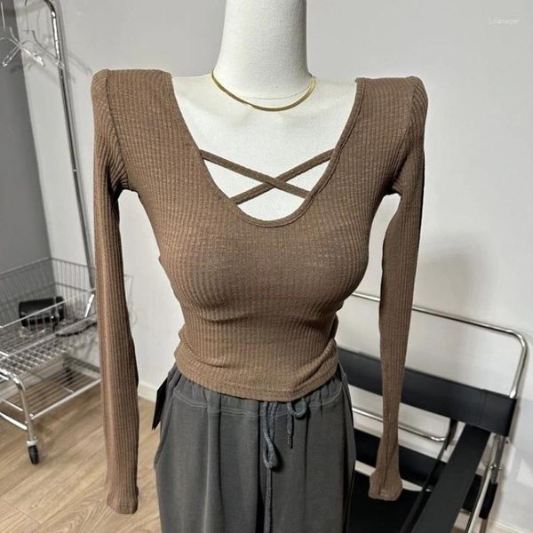 Magliette da donna all'ingrosso scollo a V per donna spalline camicia basic slim top a maniche lunghe primaverili cinturino incrociato corto solido