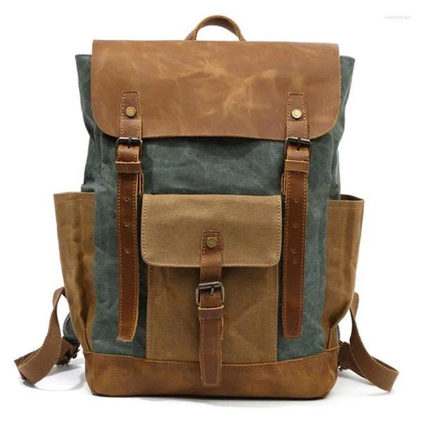 Schultaschen, Ölwachs-Canvas-Lederrucksäcke, wasserdichte Unisex-Rucksäcke, 15-Zoll-Laptops, Tagesrucksäcke, große Kapazität, Vintage-Mochilas, Reisetaschen