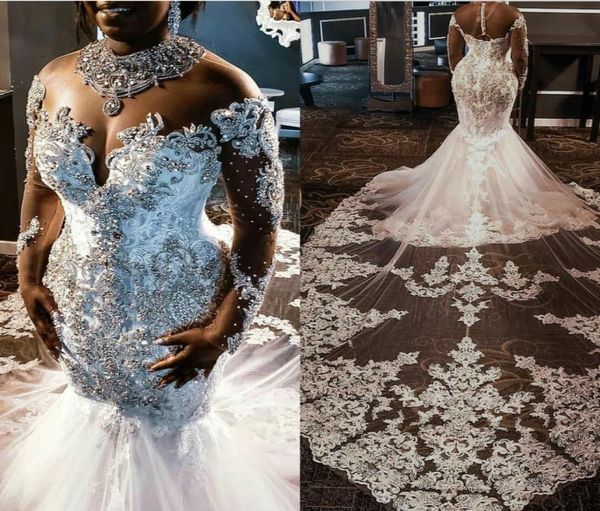Luxuoso plus size sereia vestidos de casamento strass cristais rendas frisado mangas compridas tribunal trem vestido de casamento sul-africano 6194324