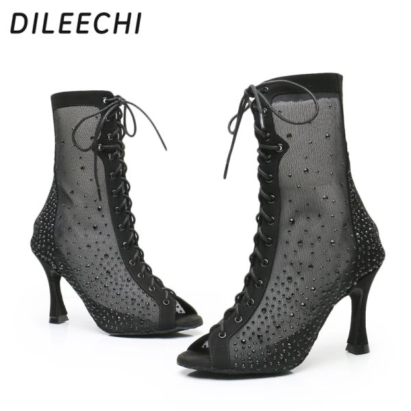 Schuhe Dileechi Latin Dance Schuhe Schwarzes Netz Strass Damen Tanzstiefel Salsa Tango Indoor Sport Ballsaal Tanzschuhe Absatz 9cm