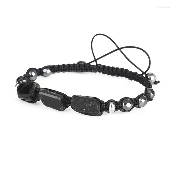 Strand natural áspero preto turmalina cura pedra grânulo facetado hematita corda de náilon ajustável macrame energia pulseira homem mulher