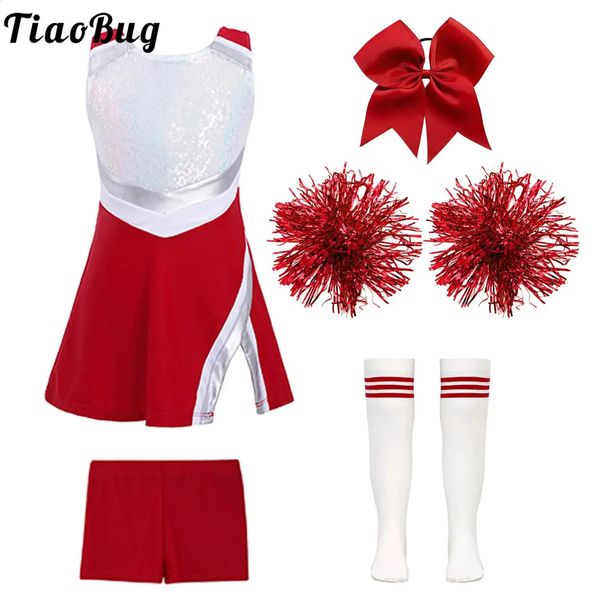 Crianças meninas lantejoulas cheerleader traje outfit sem mangas cheerleading vestir-se uniforme cheerleader vestido com bolas de flor conjunto 240305