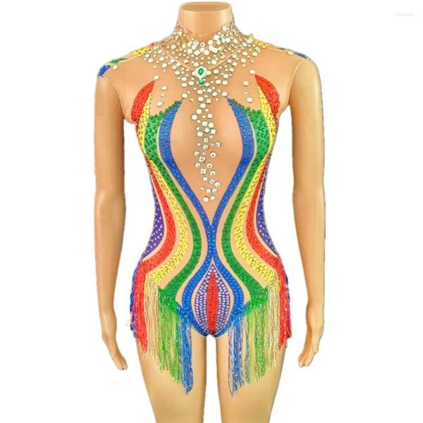 Bühnenkleidung Sexy Mesh Durchsichtig Latin Dance Leotard Performance Kostüm Regenbogen Farbstreifen Quaste Bodysuit Bar Nachtclub DJ