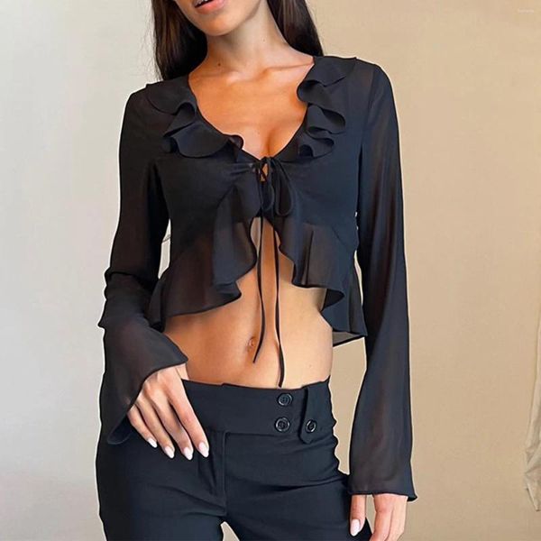 Kadın Bluzları 2024 Kadın Yaz Bluz Dantel Yukarı Ruffles Sokak Giyim Derin V Boyun Uzun Kollu Üst Artı Boyutlu Gevşek Gömlekler