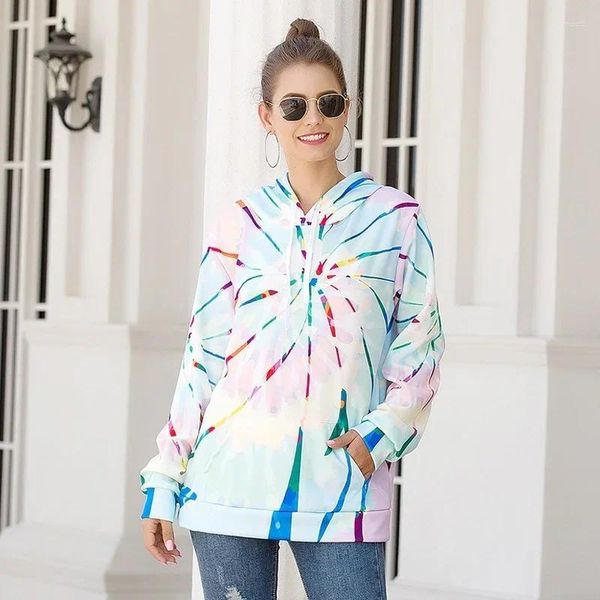 Hoodies femininos 2024 mulheres multicoloridas impresso draw string sweatshirts moda simples streetwear tie-dye solto pullovers com capuz