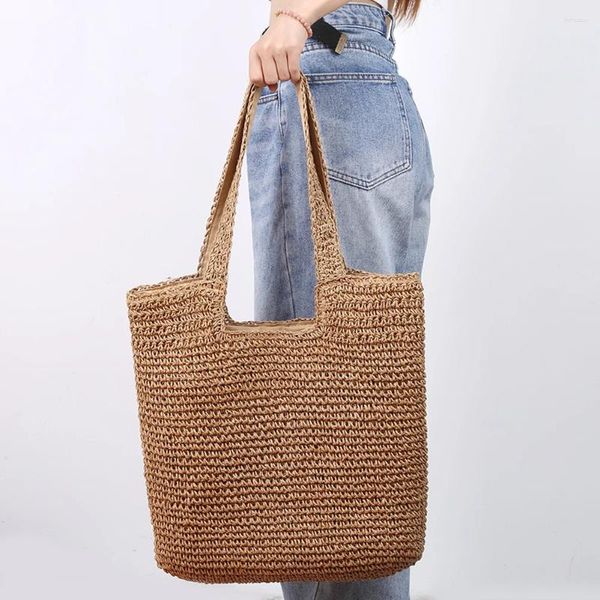 Bolsas de ombro femininas de grande capacidade, bolsas tecidas à mão, verão, bolsa de papel, corda, artesanal, moda simples, casual, bolsas tote