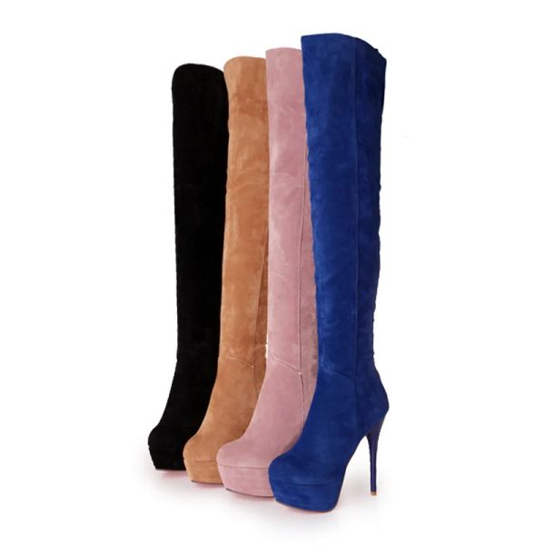 Stiefel Ymechic Winter Womens Overknee Faux Wildleder Slim Stiefel Plattform Super High Stiletto Heels Reiten Oberschenkel hohe Stiefel rosa blaue Schuhe