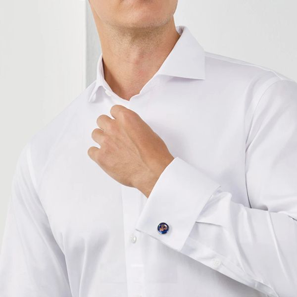 Костюмы французская манжета роскошная рубашка 100 с 2 -х высококачественные 100% хлопковые деловые рубашки морщины бесплатные платья рубашки для свадебного жениха