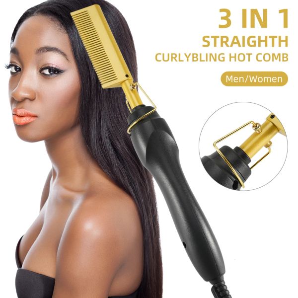 Ferri da stiro 3 in 1 Piastra per capelli Ricci Bling Pettine caldo Piastra per capelli elettrica Uso asciutto e bagnato Ferri da stiro Pettine riscaldante caldo per capelli