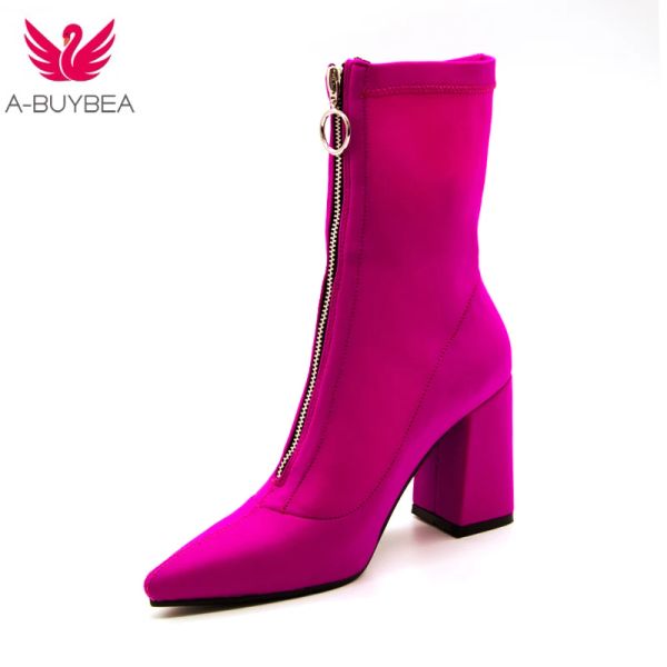 Stivali Autunno Donne Stivali Stivali Rosa Elaborazione in tessuto puntato Teli alti stivali caviglia Stiletto Botas Mujer tacchi pesanti con cerniera frontale