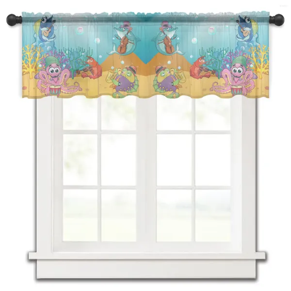 Cortina dos desenhos animados animais do mar concerto curto sheer janela cortinas de tule para cozinha quarto decoração casa pequena voile cortinas