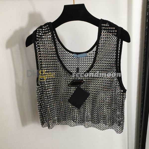 Gilet con strass lucidi da donna Gilet in rete sexy Designer Badge in metallo Top Canotte per feste estive