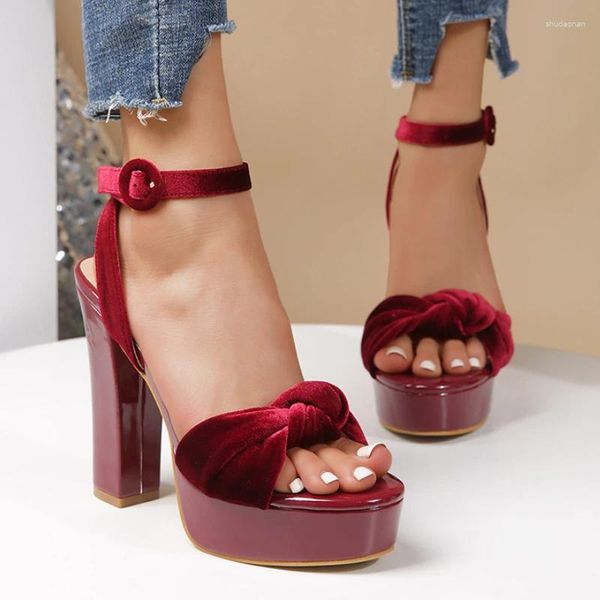 Sandali con plateau in velluto, cinturino alla caviglia, tacco a spillo, scarpe eleganti da donna, suola spessa, grosso, bordeaux, elegante, da sposa, con tacco alto