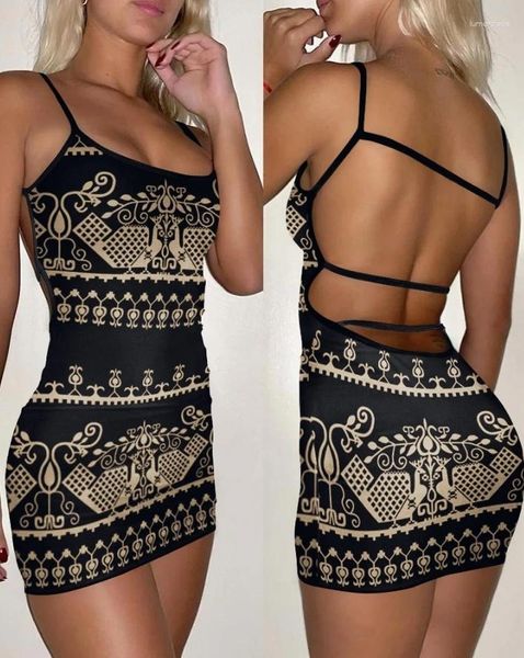 Vestidos casuais para mulheres 2024 verão roupas femininas roupas elegante sexy u-pescoço impressão tribal sem costas bodycon mini vestido