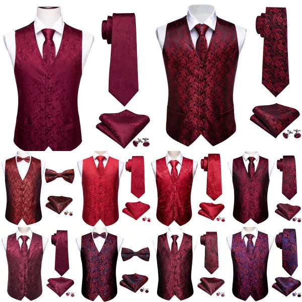 Gilet Elegante Gilet da Uomo Abito in Seta Ricamato Rosso Borgogna Paisley Fiore Abito Formale Gilet Cravatta Giacca da Sposa Barry Wang