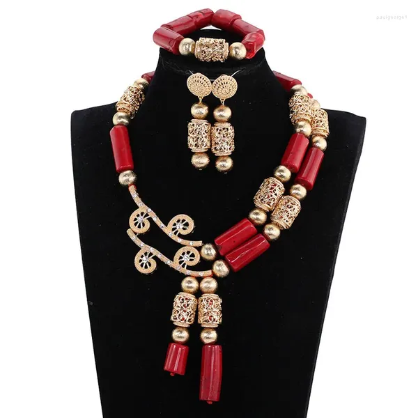 Halskette-Ohrringe-Set, bezaubernde afrikanische echte Korallenperlen, nigerianische Braut-Statement-Kostüm-Sets, traditionelles Hochzeitsgeschenk AJS009