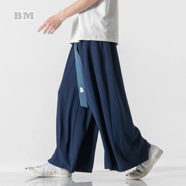 Hosen Chinesische traditionelle Kostüm -Schärpe Design dünne Plus -Größe Ice Seiden Hakama Retro Hanfu Tai Chi Kung Fu Freizeithose Männer Kleidung