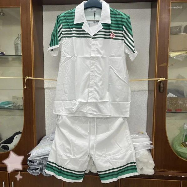 Herren-Freizeithemden, Real Po, hochwertiges grün gestreiftes Kurzarmhemd für Männer, Kordelzug, lose Hawaii-Shorts-Set