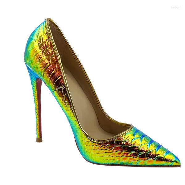Модельные туфли, дополнительный размер 34–45, зеленое золото, со змеиным принтом, из микрофибры, снаружи, стельки из натуральной кожи, женские туфли-лодочки на высоком каблуке с золотым краем