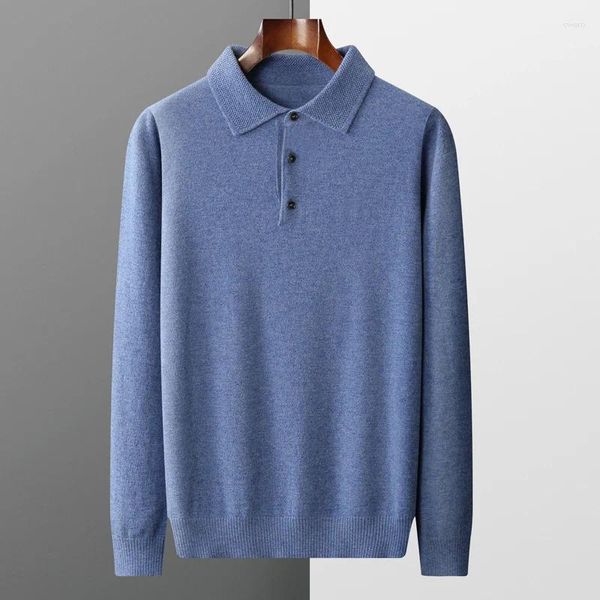 Polos masculinos suéter de lã pura polo pescoço três botões solto negócios casual médio grosso quente de manga comprida cashmere grande camisa de malha