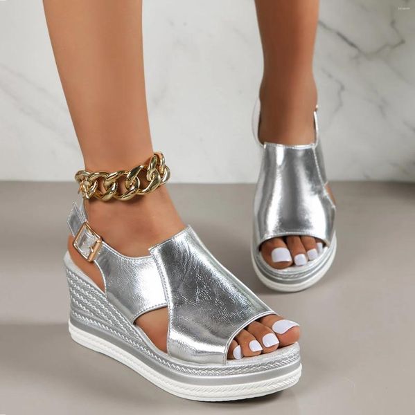 Sandalen Gold Silber PU Leder Keil Für Frauen 2024 Sommer Peep Toe Plattform Sandalen Frau Plus Größe Dicke Sohle Alias mujer