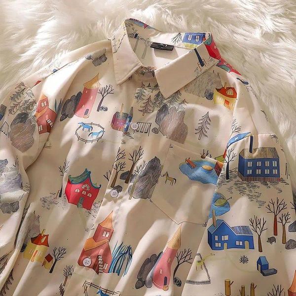 Женские блузки цвета хаки, рубашки с рисунком дома Y2K, блузка с отложным воротником, милые летние гавайские топы, свободные повседневные пары для подростков
