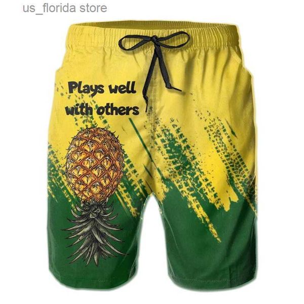 Herren-Shorts, voll bedruckt, Strandshorts mit Ananas-Grafik, schnell trocknend, lässig, Übergröße, kurze Hosen, Herren-Badehose, Ropa de Hombre, Y240320