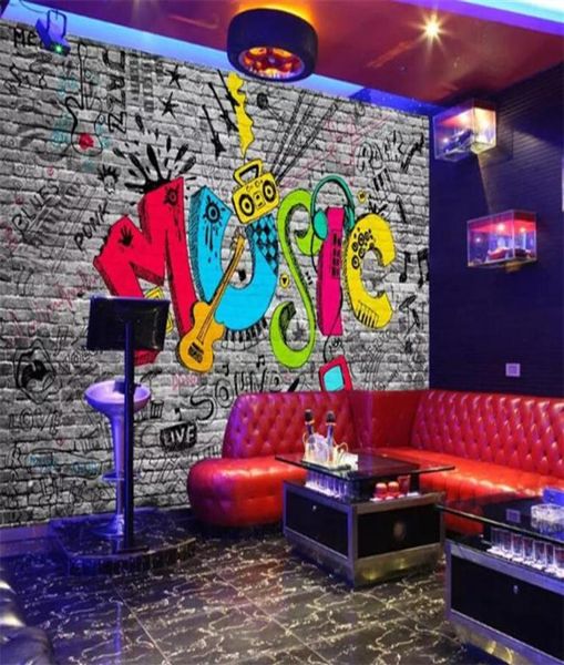 Personalizado mural papel de parede criativo graffiti arte música tijolo pintura ktv bar sala estar casa decoração papel parede plant229042268